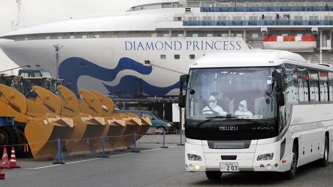 A bus which believed to carry elderly passengers of the cruise ship Diamond Princess. Picture: Reuters