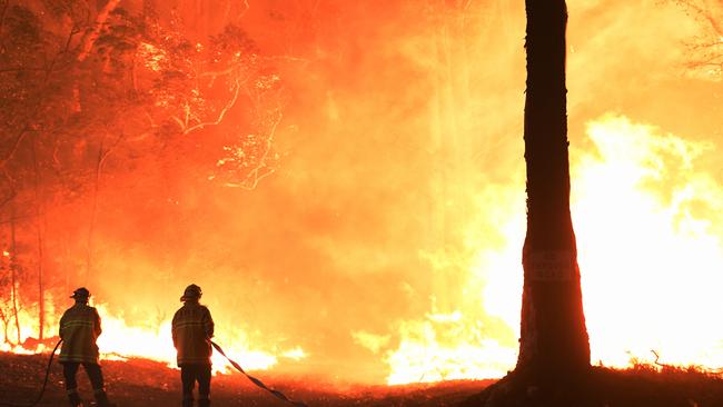 RFS, NSW Fire and Rescue, NPWS officers and local residents fight a bushfire encroaching on properties near Termeil last Tuesday. Picture: AAP Image/Dean Lewins