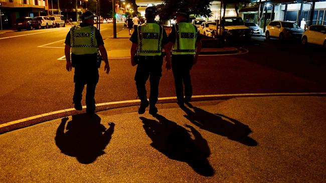 Police patrol the streets around the Darwin CBD. Picture: Justin Kennedy