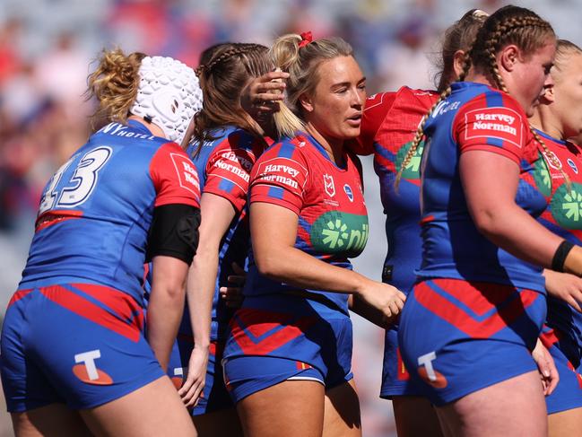 NEWCASTLE, AUSTRALIA - SEPTEMBER 24: Olivia Higgins of the Knights celebrates a try during the NRLW Semi Final match between Newcastle Knights and Brisbane Broncos at McDonald Jones Stadium, on September 24, 2023, in Newcastle, Australia. (Photo by Scott Gardiner/Getty Images)