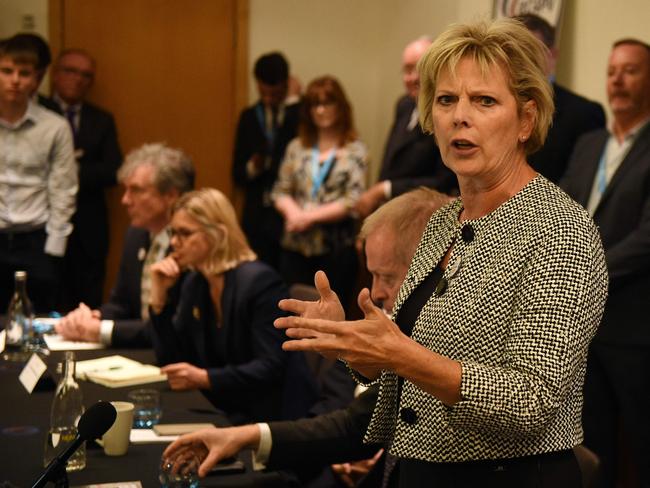 British Conservative party politician Anna Soubry (R) speaks  during a meeting arranged by Conservatives for a People's Vote, on the sidelines of the Conservative Party Conference 2018 in Birmingham on October 1, 2018. (Photo by Oli SCARFF / AFP)