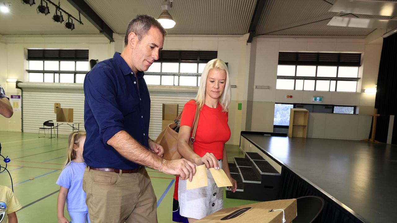 Treasurer Jim Chalmers voting in the Voice Referendum with his family wife Laura at Springwood Central State School. Pics Adam Head