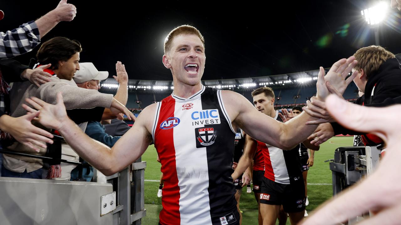 Seb Ross celebrates with fans after his 200th game in 2024. Picture: Michael Klein