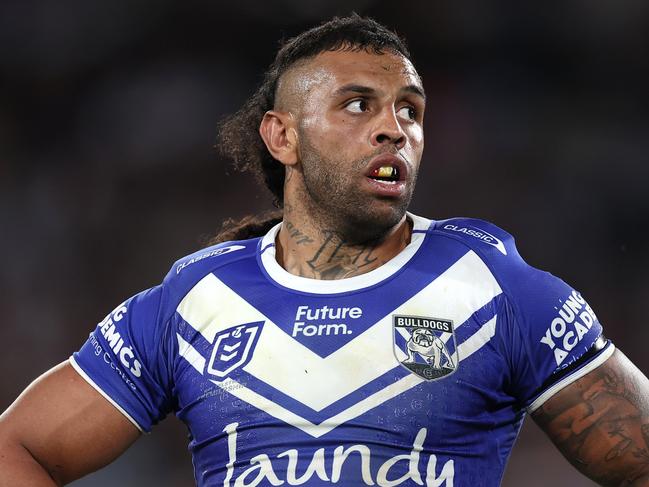 SYDNEY, AUSTRALIA - AUGUST 30:  Josh Addo-Carr of the Bulldogs looks on during the round 26 NRL match between Canterbury Bulldogs and Manly Sea Eagles at Accor Stadium on August 30, 2024, in Sydney, Australia. (Photo by Cameron Spencer/Getty Images)