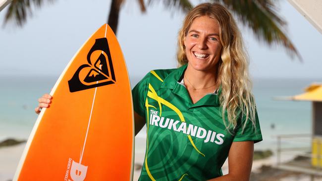 Champion surfer Stephanie Gilmore unveils the national surf team's new identity, the Irukandji, at Snapper Rocks in Queensland. Picture: Chris Hyde/Getty Images.