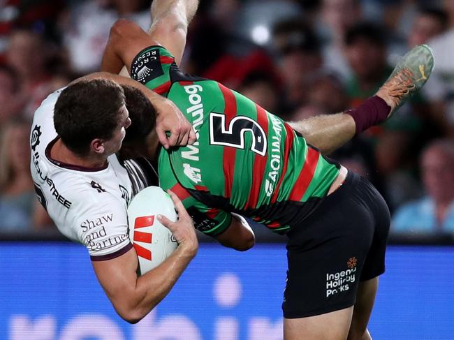 GOSFORD, AUSTRALIA - FEBRUARY 10: Fletcher Myers of the Sea Eagles is tackled by Leon Te Hau of the Rabbitohs during the South Sydney Rabbitohs and the Manly Sea Eagles at Industree Group Stadium on February 10, 2023 in Gosford, Australia. (Photo by Jason McCawley/Getty Images)