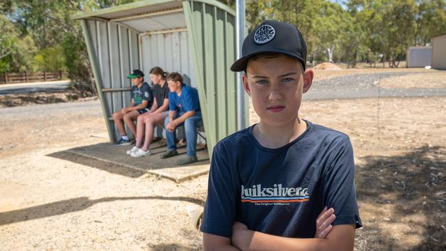 A group of Inverleigh children, including George Carr, Lili Scott, Max Shaw and Mason Frenchman, have missed out on school bus seats this year. Picture: Brad Fleet.