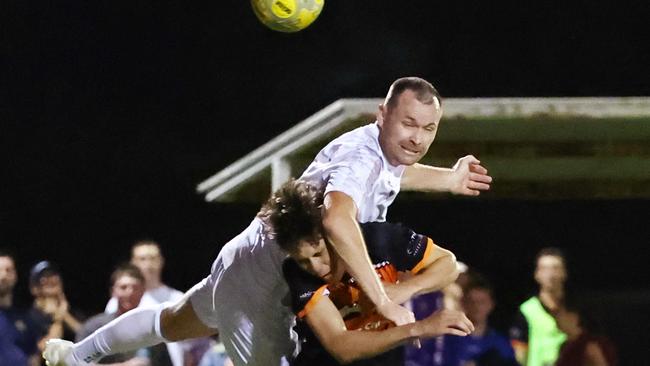 Rangers' Charlie Beverley heads the ball towards goal in the Football Queensland Premier League (FQPL) Far North and Gulf premiership men's grand final match between the Marlin Coast Rangers and the Mareeba Bulls, held at Endeavour Park, Manunda last September. Picture: Brendan Radke