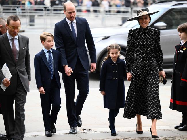 Britain's Prince William, Catherine, Duchess of Cambridge and their children Prince George and Princess Charlotte arrive to attend a Service of Thanksgiving for Britain's Prince Philip. Picture: AFP