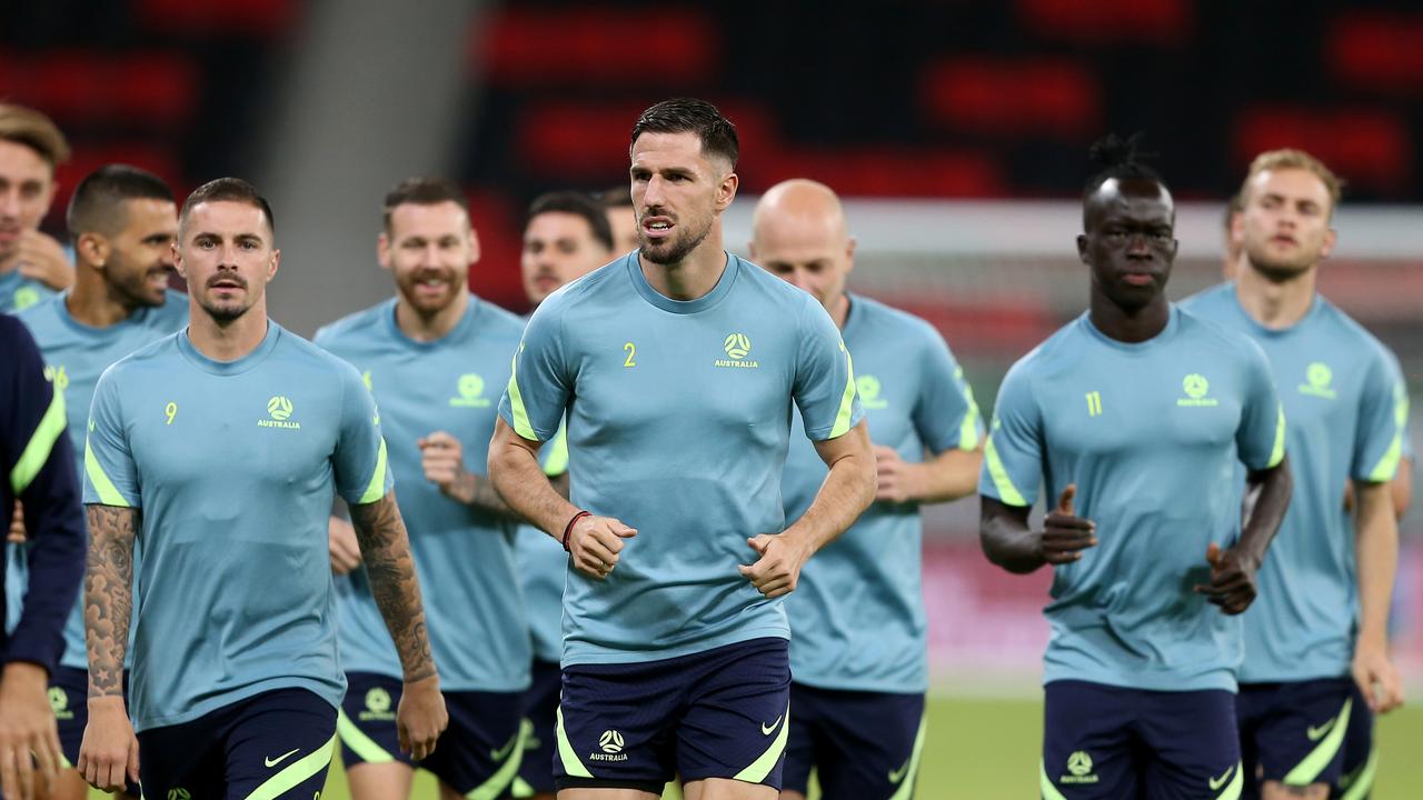 DOHA, QATAR – JUNE 06: Australia's players take part in a training session at Ahmad Bin Ali Stadium on June 6, 2022 in Doha, Qatar. (Photo by Mohamed Farag/Getty Images)