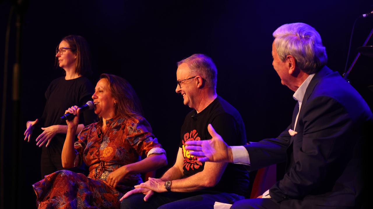 Moderated by journalist Ray Martin, Mr Albanese and Rachel Perkins had some light moments with the crowd during the discussion. Picture: NCA NewsWire / Max Mason-Hubers