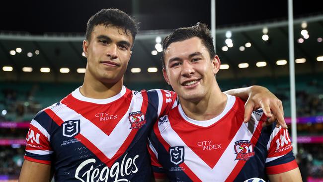 Joseph-Aukuso Suaalii and Joseph Manu will both leave the Roosters at the end of the season, but the club is confident it has the depth to replace them. Picture: NRL Photos