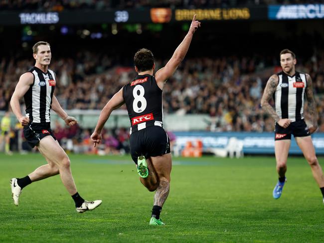 Lachie Schultz celebrates a goal against Collingwood. Picture: Michael Willson/AFL Photos via Getty Images