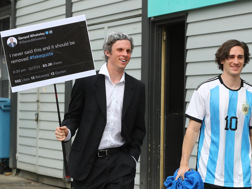 Max Holmes and Gryan Miers arriving for the Cats Mad Monday. Picture: Alison Wynd