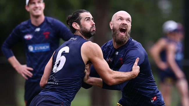 Max Gawn and Brodie Grundy during Monday’s session at Goschs Paddock. Picture: Michael Klein