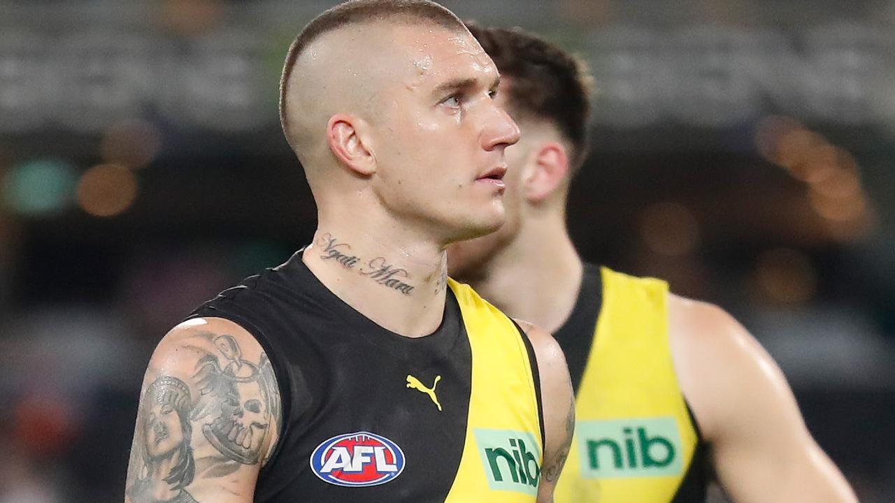 BRISBANE, AUSTRALIA - SEPTEMBER 01: Dustin Martin of the Tigers looks dejected after a loss during the 2022 AFL Second Elimination Final match between the Brisbane Lions and the Richmond Tigers at The Gabba on September 1, 2022 in Brisbane, Australia. (Photo by Michael Willson/AFL Photos via Getty Images)