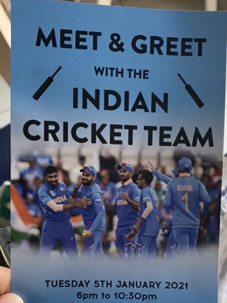 The flyer used as part of a scam to promote a non-existent dinner with the Indian cricket team. Picture: Supplied