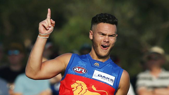 Cameron Rayner celebrates a goal for Brisbane Lions during pre-season. Picture: Michael Klein.