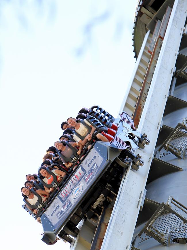 Thrillseekers take on the Tower of Terror at Dreamworld. Picture: Mike Batterham