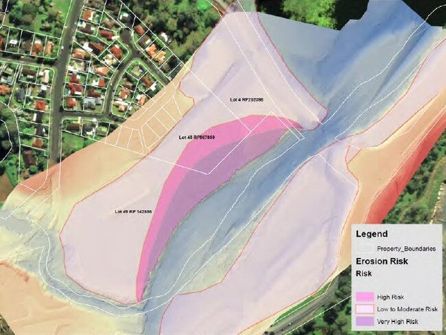 Council mapping showing the future erosion and parkland loss near the John Muntz Bridge at the Coomera River.