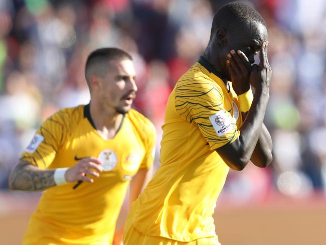 DUBAI, UNITED ARAB EMIRATES - JANUARY 11:  Awer Mabil of Australia celebrates after scoring his team's second goal during the AFC Asian Cup Group B match between Palestine and Australia at Rashid Stadium on January 11, 2019 in Dubai, United Arab Emirates. (Photo by Francois Nel/Getty Images)