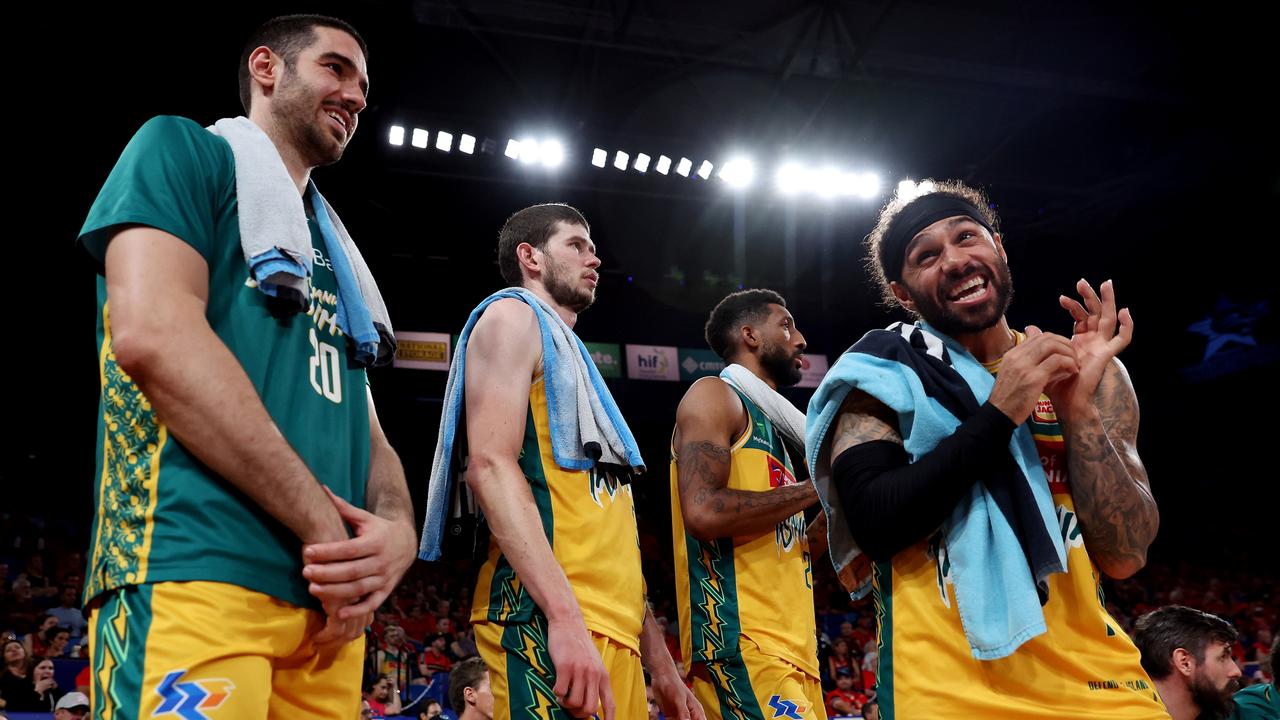 The Tasmania JackJumpers celebrate after defeating Perth in the NBL semifinals. (Photo by Will Russell/Getty Images)
