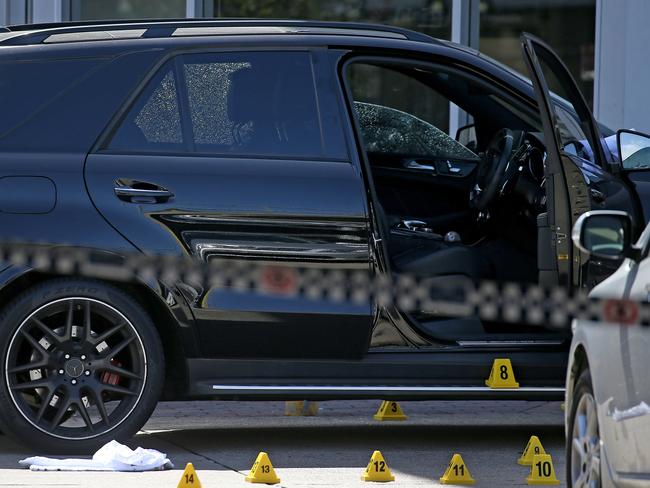 The scene where former bikie boss Mick Hawi was shot in the car park of a Fitness First gym in Rockdale. Picture: Toby Zerna