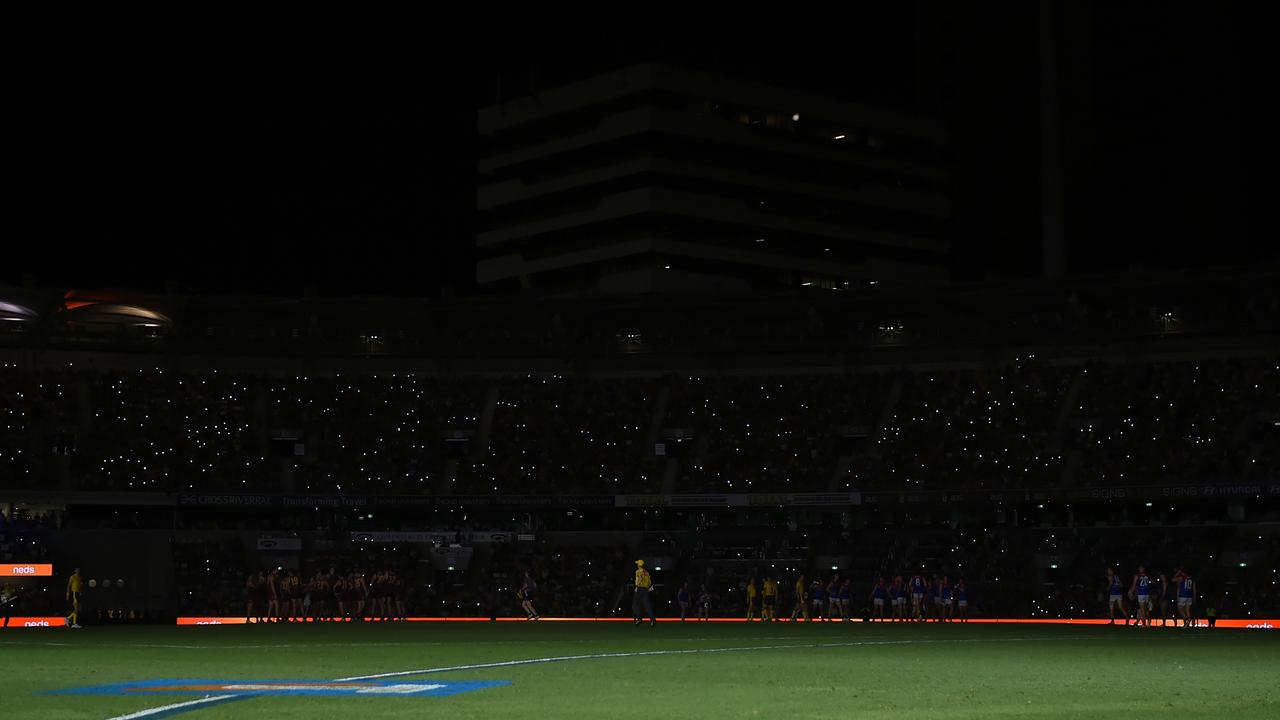 Play was suspended for about 30 minutes after the lights went out during the final quarter. . (Picture: Albert Perez/AFL Photos via Getty Images