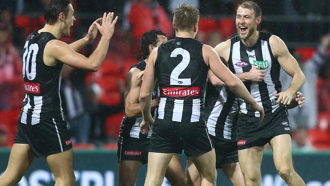 Ben Reid celebrates after kicking the winning goal. Picture: Getty Images