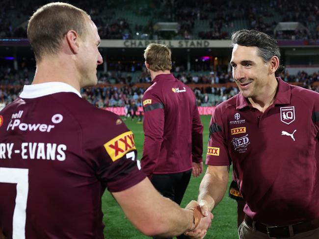 ADELAIDE, AUSTRALIA - MAY 31: Daly Cherry-Evans of the Maroons and Maroons coach Billy Slater celebrate winning game one of the 2023 State of Origin series between the Queensland Maroons and New South Wales Blues at Adelaide Oval on May 31, 2023 in Adelaide, Australia. (Photo by Cameron Spencer/Getty Images)
