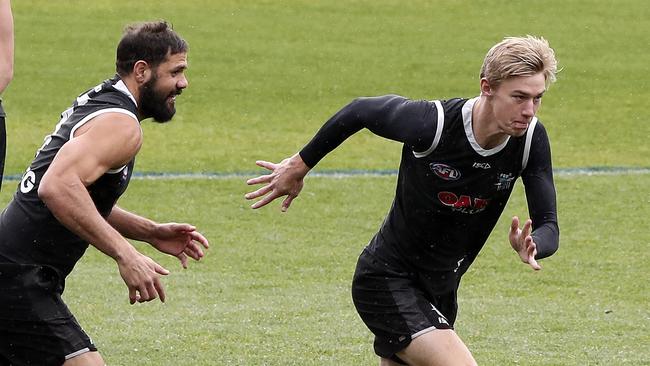 Port Adelaide ruckman Paddy Ryder and forward Todd Marshall at training. Picture: Sarah Reed