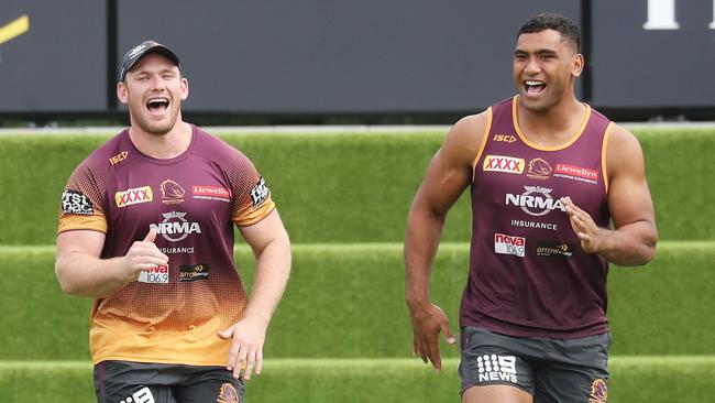 Matt Lodge and Tevita Pangai Junior are back for the Broncos. Picture: Annette Dew