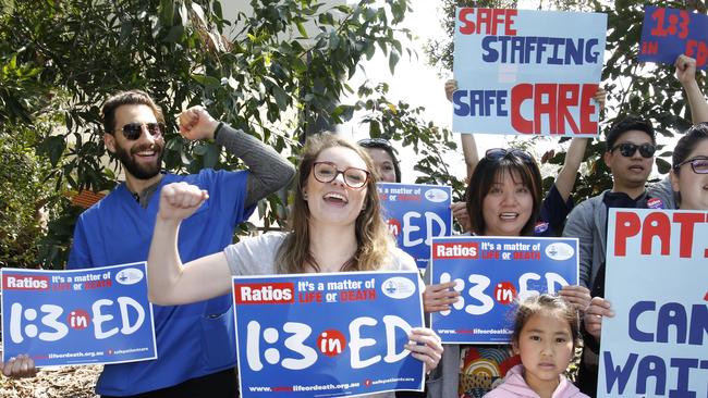 Nurses were joined by supporters and family members during the protest. Picture: Robert Pozo.