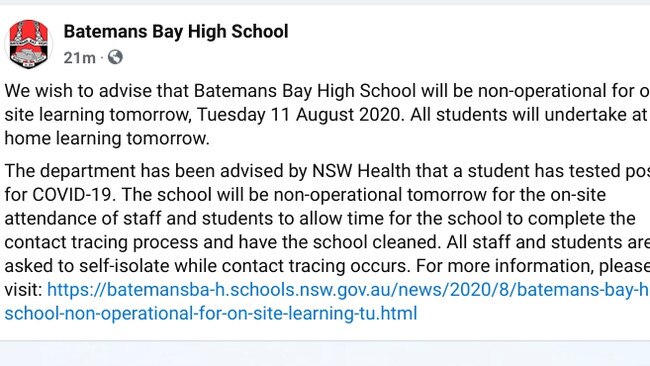 Batemans Bay High School statement outlining the closure. Picture: Supplied