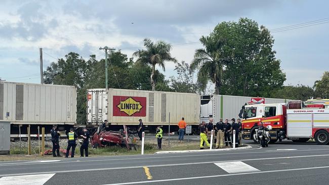 An elderly woman was left with life threatening injuries after her car was hit by a train at a level crossing and landed on its roof on Pratts Rd in Calen, Queensland, north of Mackay on November 15, 2024 around 3:20pm. Picture: Paul Brescia