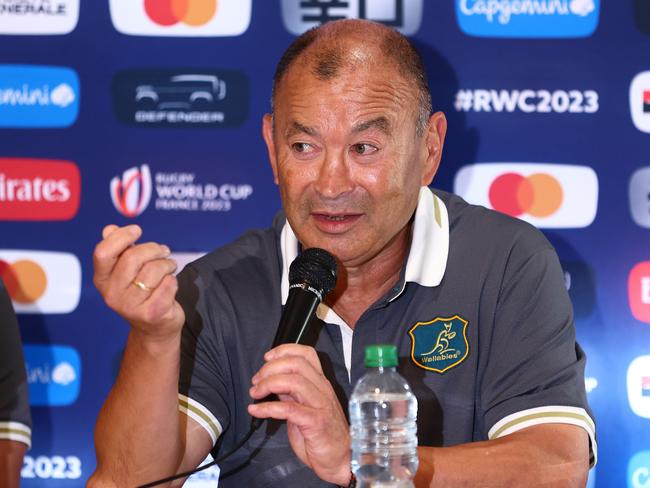 SAINT-ETIENNE, FRANCE - SEPTEMBER 15: Head Coach, Eddie Jones speaks to the media during a press conference ahead of the Rugby World Cup France 2023, at La CharpiniÃÂ¨re on September 15, 2023 in Saint-Etienne, France. (Photo by Chris Hyde/Getty Images)
