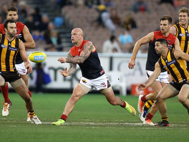 Melbourne's Nathan Jones in action against Hawthorn. Pic: George Salpigtidis