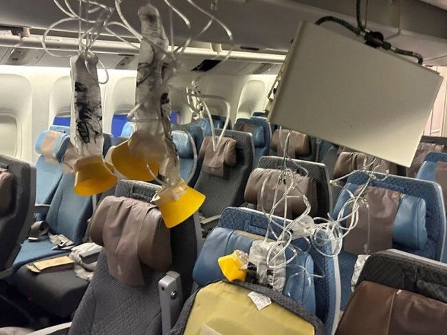 Images from inside Singapore Airlines flight SQ321. The flight from London Heathrow was forced to divert to Bangkok after experiencing severe turbulence while entering airspace in the region. Picture: Twitter