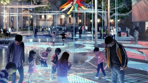 Parramatta Night City Framework artists impressions of how an area outside St John's Anglican Cathedral would look.