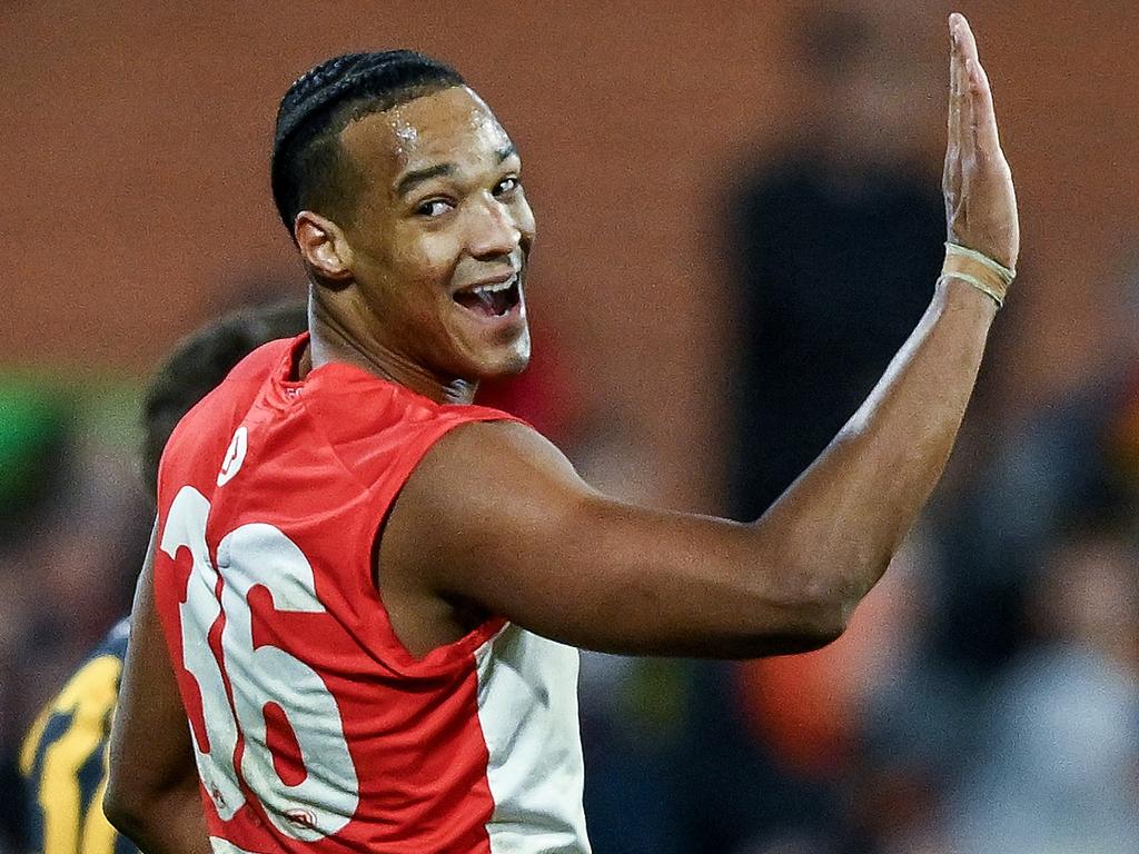 The Swans’ slow starts were summed up perfectly by Joel Amartey against Adelaide. After not getting a touch in the first quarter, he finished with nine goals. Picture: Mark Brake/Getty Images