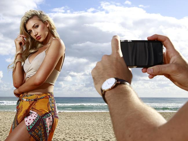 Instagram model and star Gabby Epstein and her boyfriend Conner Malan at Burleigh Beach. For story about the men behind the Instagram stars . Picture: Jerad Williams