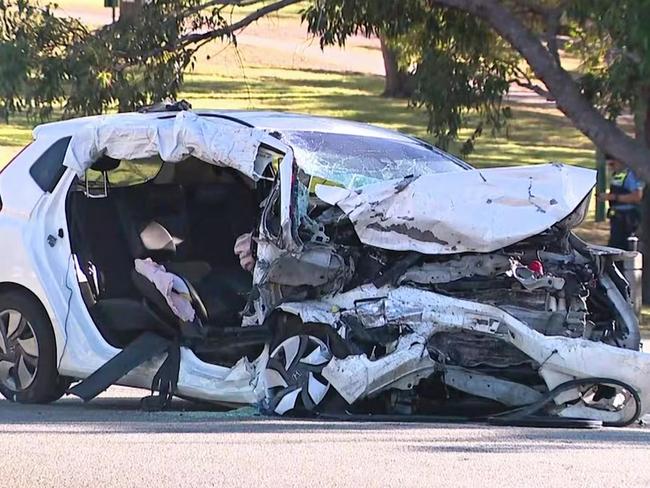 The scene of a car accident that took place on Saturday night where Rhys Bellinge was driving a Jaguar sedan that crashed into a Honda Jazz on Birdwood Parade in Dalkeith. Picture: ABC News