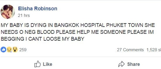 Elisha Robinson made an emotion plea for help to save her daughter who is sick in Phuket.