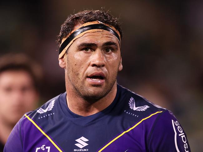 CANBERRA, AUSTRALIA - MAY 22:  Dale Finucane of the Storm leaves the field for an HIA during the round 11 NRL match between the Canberra Raiders and the Melbourne Storm at GIO Stadium, on May 22, 2021, in Canberra, Australia. (Photo by Mark Kolbe/Getty Images)