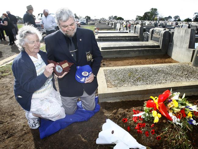 Hugie Wilson’s sister-in-law Molly Wilson with Peter Goonan’s at Mr Wilson’s grave.