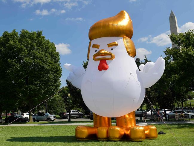An inflatable chicken mimicking US President Donald Trump is set up on The Ellipse, a 52-acre (21-hectare) park located just south of the White House and north of the Washington Monument (rear). Picture: AFP PHOTO