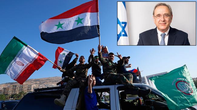 Israel ambassador Mark Sofer, inset. Main picture: anti-US protesters wave flags of Iran, far left, and Syria. AFP