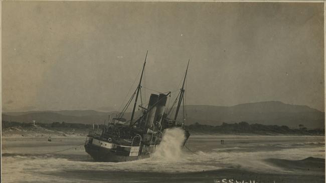 The Wollongbar lost its tie to the old Byron Bay Pier during a cyclone on 14th May 1921. Picture: Contributed