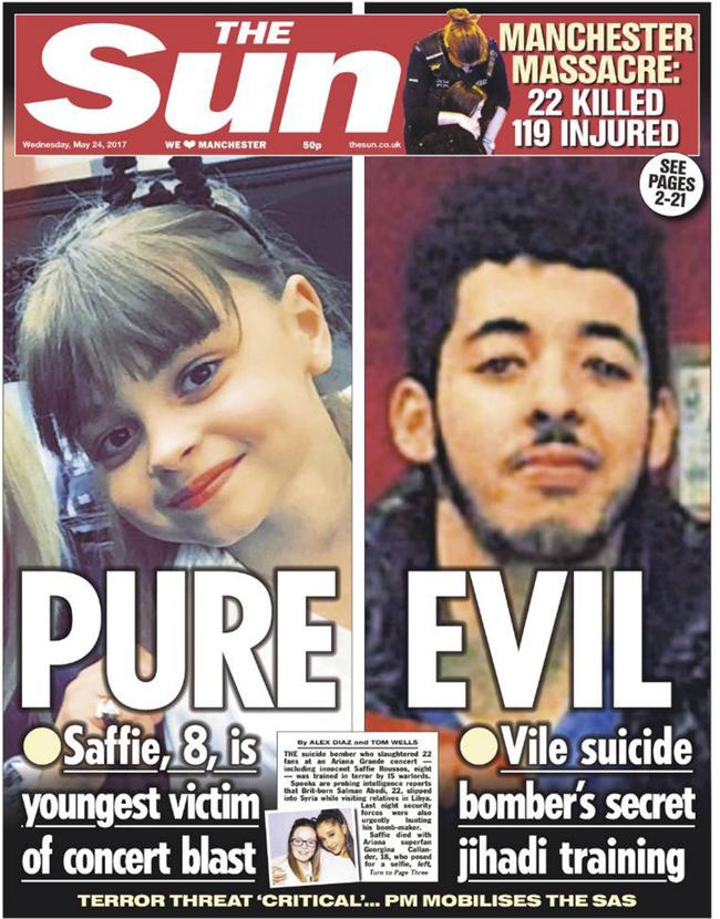 Manchester suicide bomber Salman Abedi is pictured on the cover of UK paper The Sun. Picture: The Sun