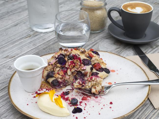 Buckwheat griddle cakes with maple syrup and clotted cream. Picture: Sarah Matray.